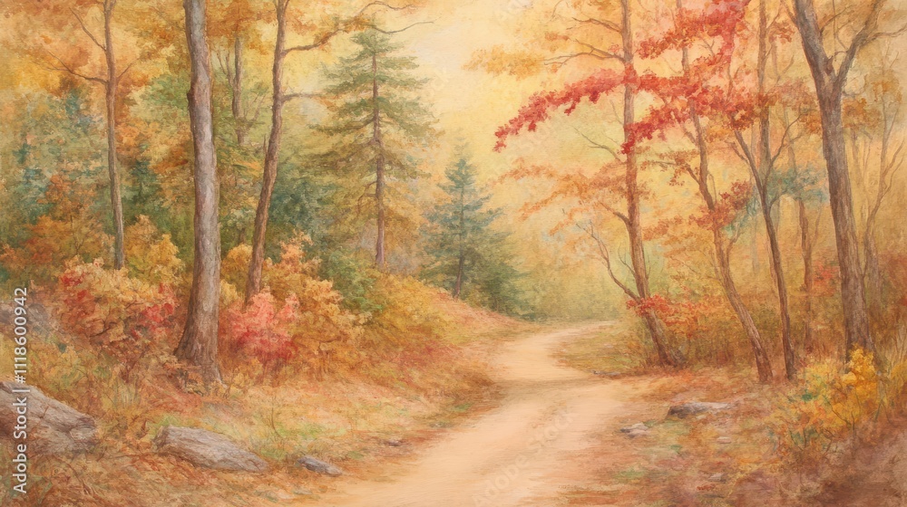 Fototapeta premium Autumn forest path bathed in golden light.