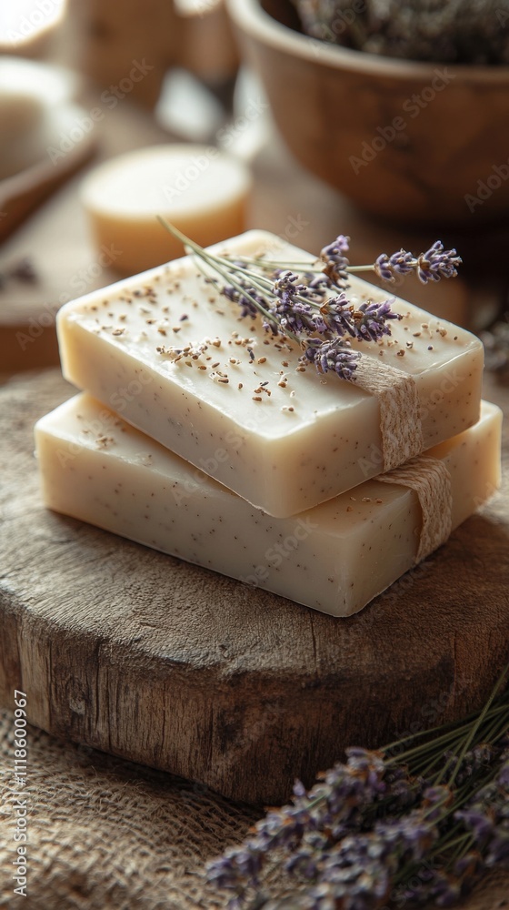 Natural lavender soap bars displayed on a wooden surface with dried lavender accents, creating a tranquil and inviting atmosphere in a rustic setting Natural lavender soap bars displayed on a wooden surface with dried lavender accents, creating a tranquil and inviting atmosphere in a rustic setting