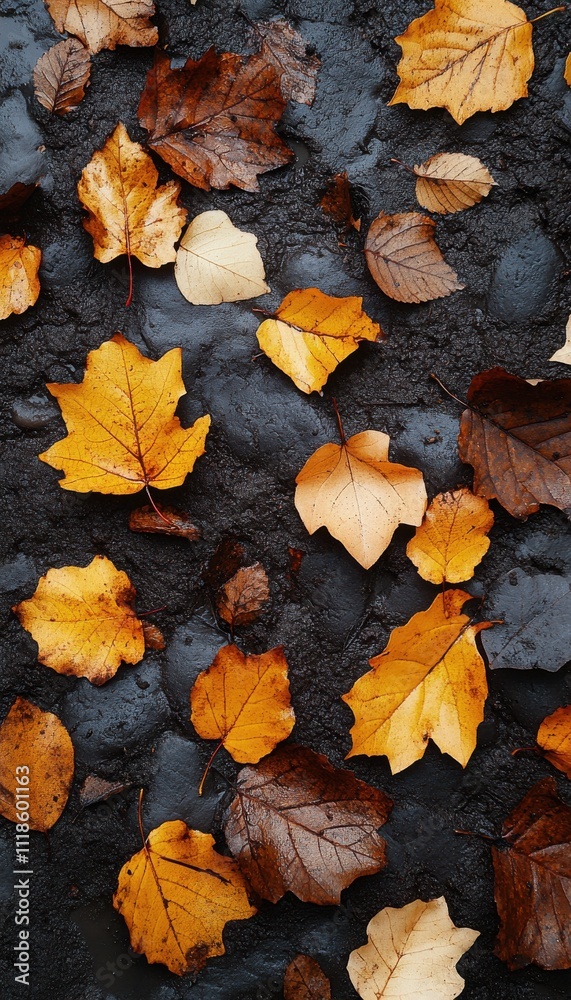 Colorful autumn leaves scattered on a dark surface creating a beautiful seasonal display in a tranquil outdoor setting Colorful autumn leaves scattered on a dark surface creating a beautiful seasonal display in a tranquil outdoor setting