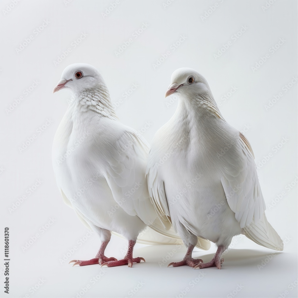 A serene image of a pair of white doves perched side by side, illuminated by soft light that highlights their graceful forms. A serene image of a pair of white doves perched side by side, illuminated by soft light that highlights their graceful forms.