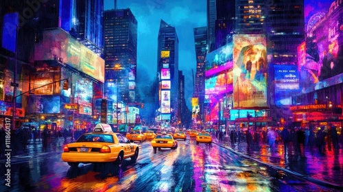 Rainy Night in Times Square: A Vibrant Cityscape