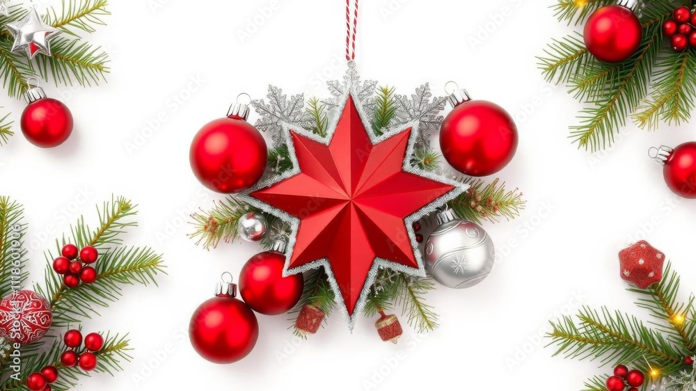 Arch shaped Christmas border with fresh fir branches, red and silver ornaments, and a star in the middle, decor, Christmas, traditional Arch shaped Christmas border with fresh fir branches, red and silver ornaments, and a star in the middle, decor, Christmas, traditional