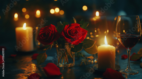 Stimmungsvolle Szene mit roten Rosen, brennenden Kerzen und einem Glas Rotwein. Perfekt für romantische Abende, Candle-Light-Dinner oder besondere Anlässe mit einer warmen, einladenden Atmosphäre