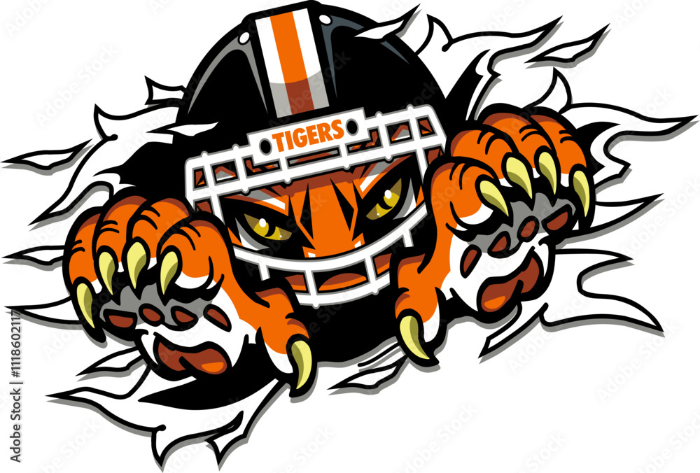 Fototapeta premium tiger mascot wearing football helmet and claws for school, college, and league sports