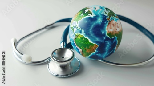 World Health Day poster with a glowing Earth globe and blue stethoscope wrapping it around. Photorealistic sphere isolated on white background. 3d render illustration. Eco friendly icon. AI Generative