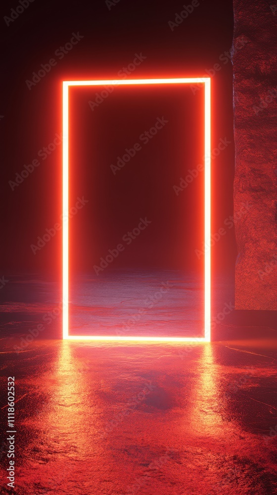 custom made wallpaper toronto digitalGlowing Portal: A striking neon frame emitting vibrant light stands prominently against a moody backdrop, casting an alluring glow on the reflective surface below.