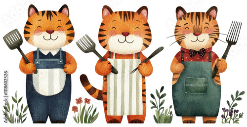 Three cheerful cartoon cats, dressed for cooking, holding spatulas amidst colorful garden greenery. photo