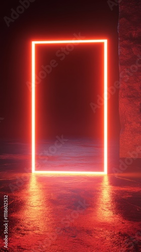 Wallpaper Mural Glowing Portal: A striking neon frame emitting vibrant light stands prominently against a moody backdrop, casting an alluring glow on the reflective surface below. Torontodigital.ca