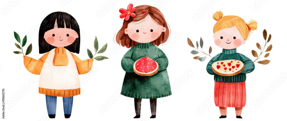 Three cheerful girls holding fruits and plants with a vibrant and playful style, white isolate background.