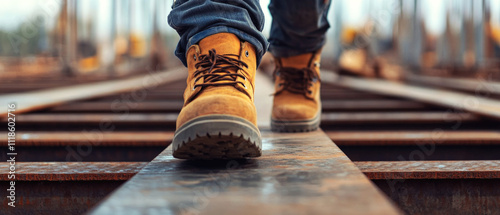 Construction worker walking on steel beams during building construction, close up of safety boots and jeans shot from low angle with selective focus and warm industrial lighting. Generative AI.