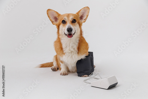 Corgi dog with blood pressure cuff, healthcare, medical checkup for pets photo