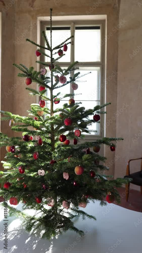 A slightly awkward and sparse Christmas tree adorned with red and pink ornaments resembling apples and fruit slices. Its charmingly uneven appearance adds a unique and whimsical touch to the festive d A slightly awkward and sparse Christmas tree adorned with red and pink ornaments resembling apples and fruit slices. Its charmingly uneven appearance adds a unique and whimsical touch to the festive d
