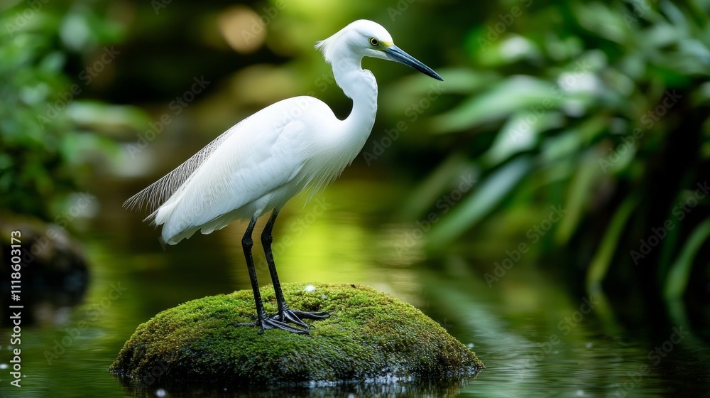 Elegant white egret standing on mossy rock in serene green pond Elegant white egret standing on mossy rock in serene green pond