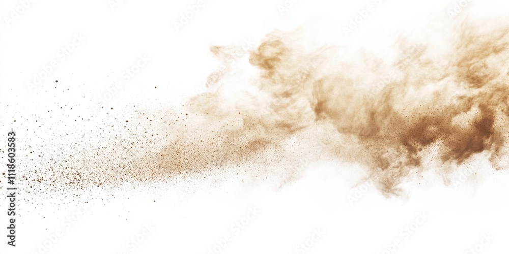 A dynamic flowing of light brown dust particles isolated on a white background A dynamic flowing of light brown dust particles isolated on a white background