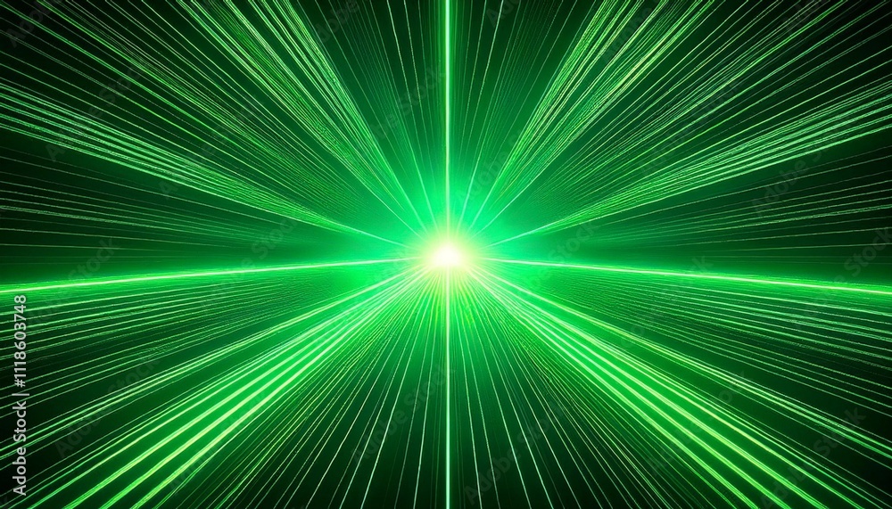 a green laser beam shines in the center of an abstract background with rays spreading outwards from its source