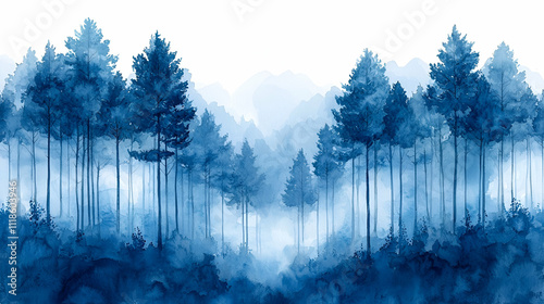 A serene blue forest landscape with tall trees shrouded in mist, creating a peaceful and ethereal atmosphere.