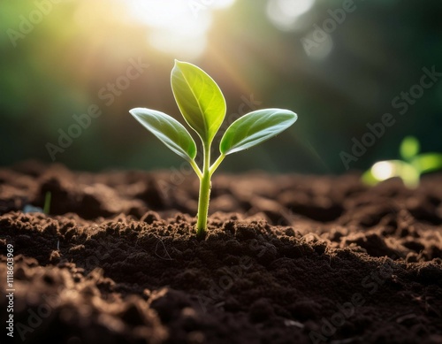 a tender young plant sprouting from the soil in a close up shot representing growth new beginnings and potential the fresh green shoot stands out against the rich dark soil symbolizing life and