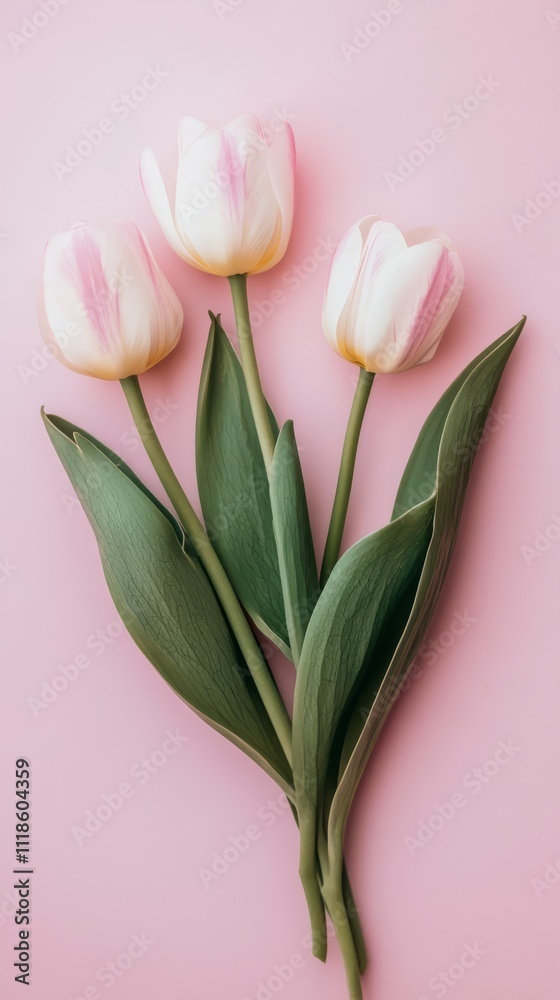 Pink Tulips on Pink: Three delicate pink tulips with white stripes stand out against a soft pink background, creating a minimalist yet elegant composition. Pink Tulips on Pink: Three delicate pink tulips with white stripes stand out against a soft pink background, creating a minimalist yet elegant composition.