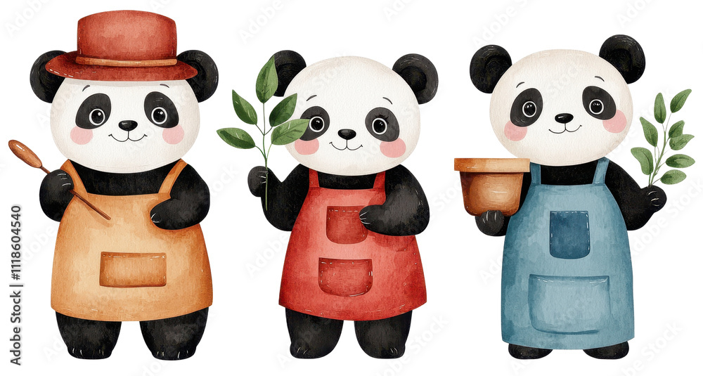 Fototapeta premium Three cute pandas in colorful aprons holding plants, white isolate background.