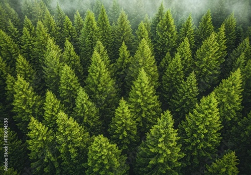 Aerial View of Lush Green Coniferous Forest with Dense Tree Canopy Shrouded in Mist, Highlighting Natural Beauty and Biodiversity in a Serene Landscape