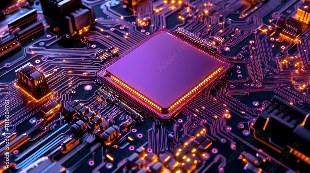 Obraz premium Futuristic Circuit Board with Glowing Microchip - A striking close-up of a vibrant circuit board featuring a glowing microchip that highlights technological advancement and innovation.
