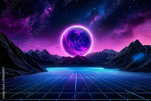Futuristic Cosmic Landscape with Neon Glow - A vibrant cosmic landscape featuring a large glowing planet above a grid-like terrain, surrounded by mountains and stars.