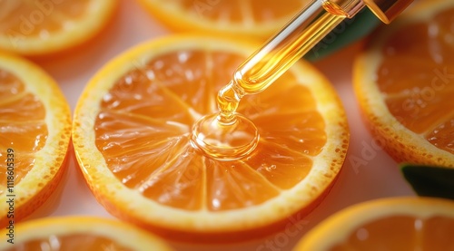 Citrus slices arranged on a surface with a dropper releasing liquid onto a fresh orange slice during daytime photo