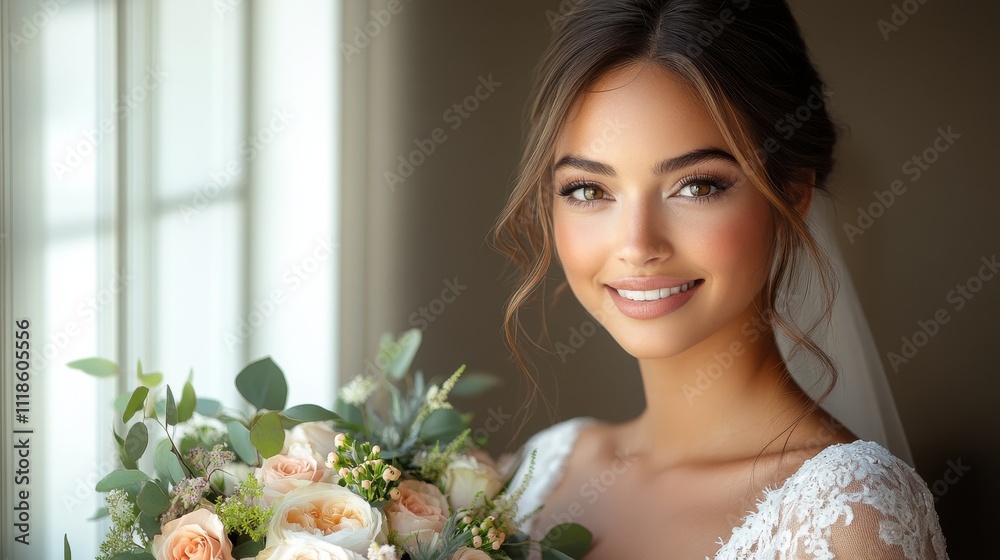 Naklejka premium Beautiful bride smiling with bouquet indoors, capturing the elegance of wedding preparations and joyful moments before the ceremony