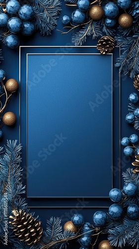 Elegant blue and gold Christmas decoration with empty space for text, perfect for holiday greetings or festive invitations