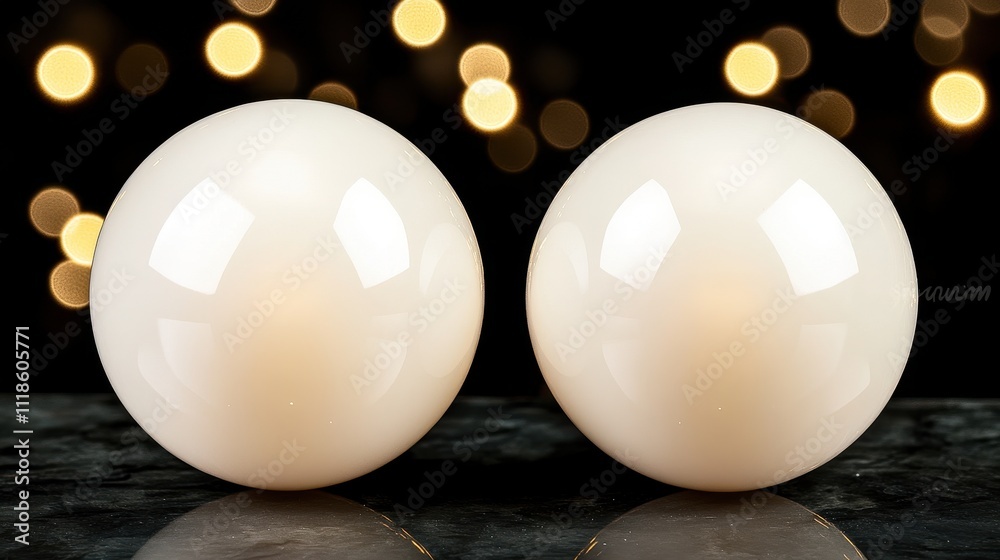 Two luminous white spheres on a dark surface with bokeh background. Two luminous white spheres on a dark surface with bokeh background.