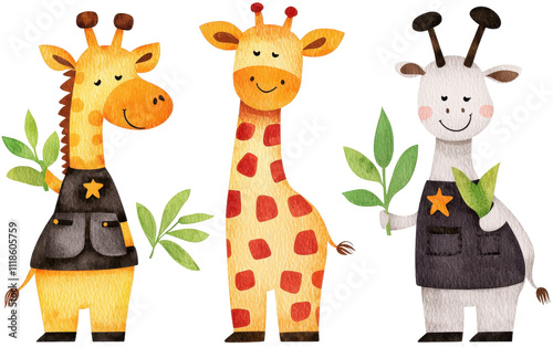 Three playful giraffes in fun attire holding leaves, white isolated background. photo