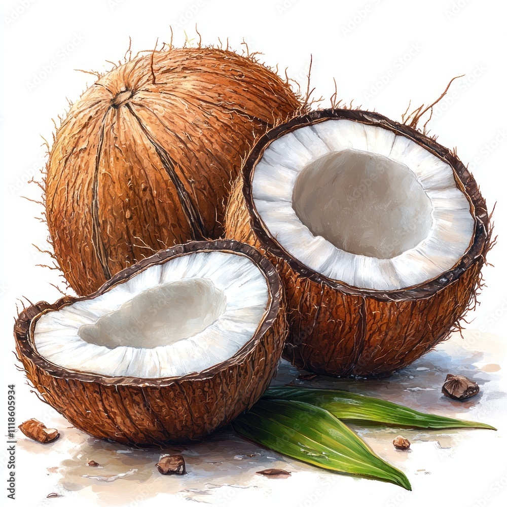 A realistic illustration of whole and halved coconuts with green leaves. A realistic illustration of whole and halved coconuts with green leaves.