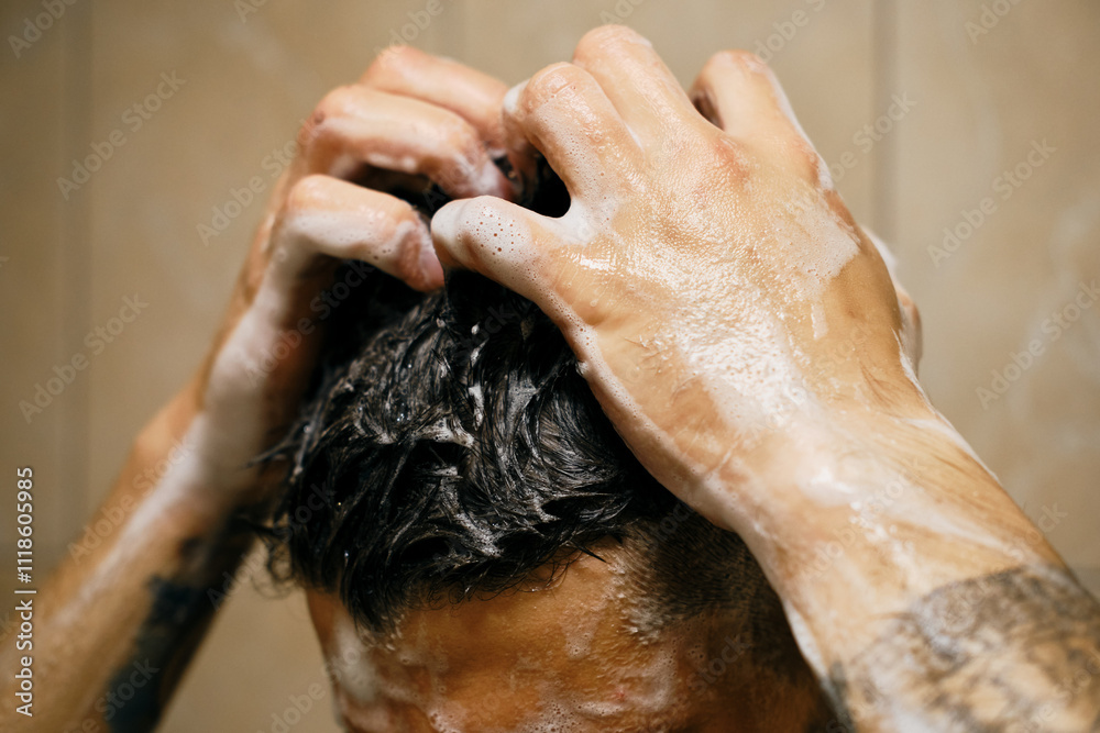 Naklejka premium Young Man taking a shower washing hair underwater falling from rain showerhead in bath. Showering young person at home lifestyle. Body care morning routine concept.