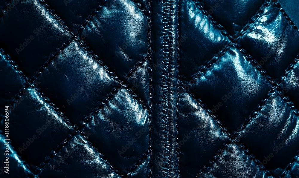 Obraz premium Close-up of dark blue quilted jacket fabric with zipper.