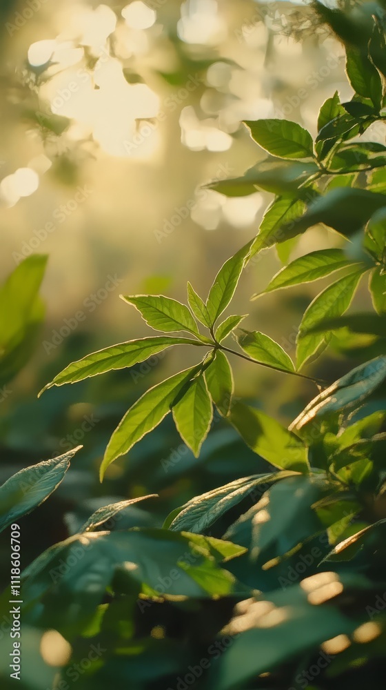 Obraz premium Golden Hour Foliage: A delicate cluster of green leaves illuminated by the warm glow of the setting sun, creating a captivating interplay of light and shadow.