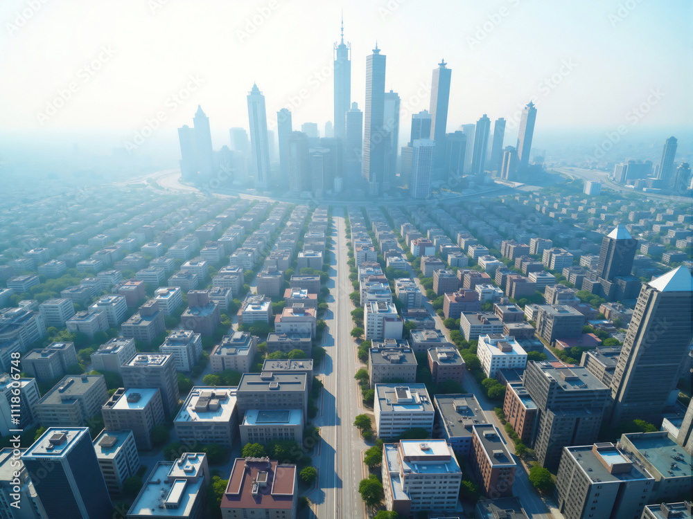 Obraz premium Modern metropolis with skyscrapers rising above the horizon on a foggy day