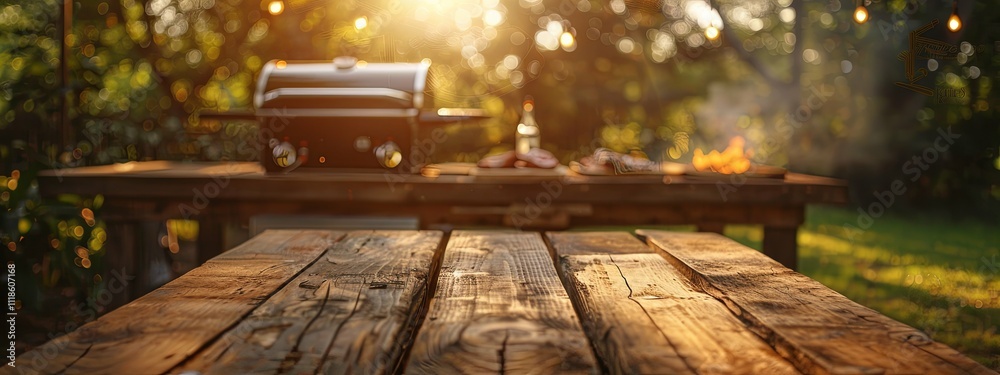 Rustic Wooden Table at Sunset with Blurred Background of Barbecue and Outdoor Lights
