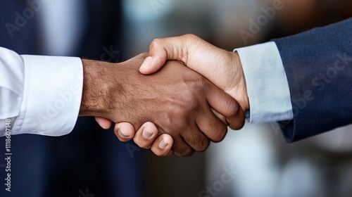 Corporate Arab businessmen in kanduras shaking hands in a sleek office setting, symbolizing a successful business agreement