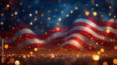 A close-up of an American flag with its iconic red, white, and blue stripes and stars, set against a background of shimmering glitter