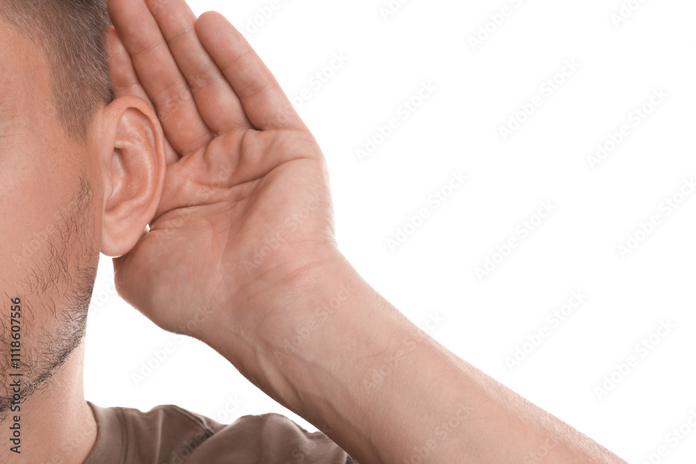 Man showing hand to ear gesture on white background, closeup Man showing hand to ear gesture on white background, closeup