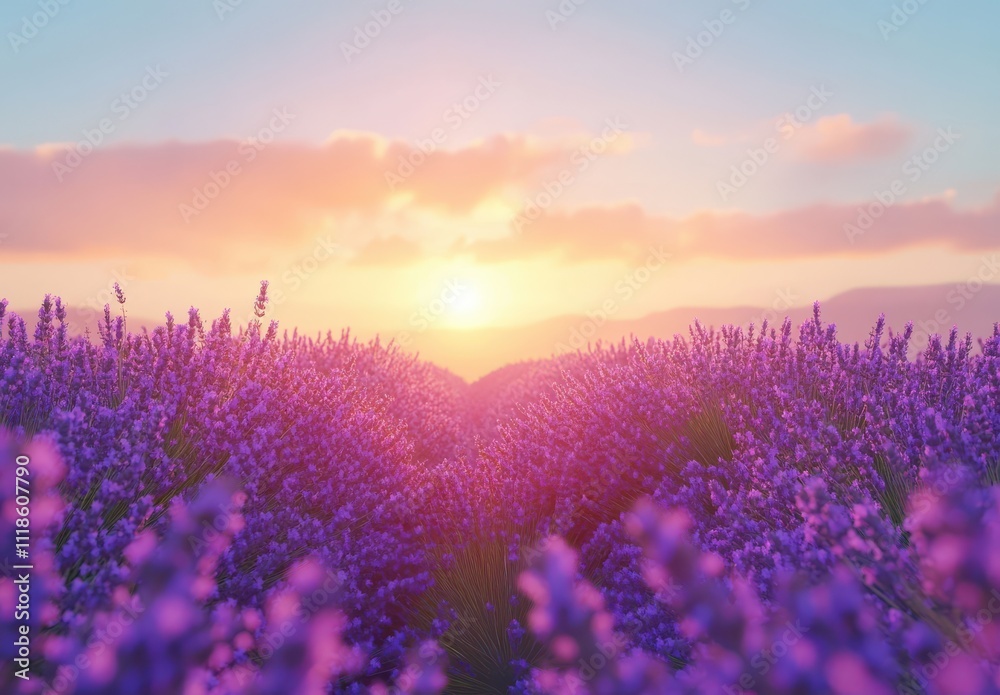 Naklejka premium Breathtaking Lavender Field at Sunrise, Bathed in Soft Pastel Colors with a Glorious Horizon, Inviting Serenity and Tranquility for Nature Enthusiasts and Photographers
