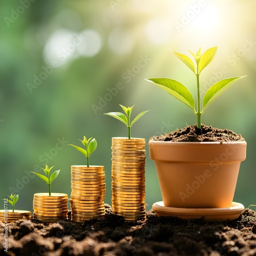 Rising graph with a plant representing growth and coins at its base