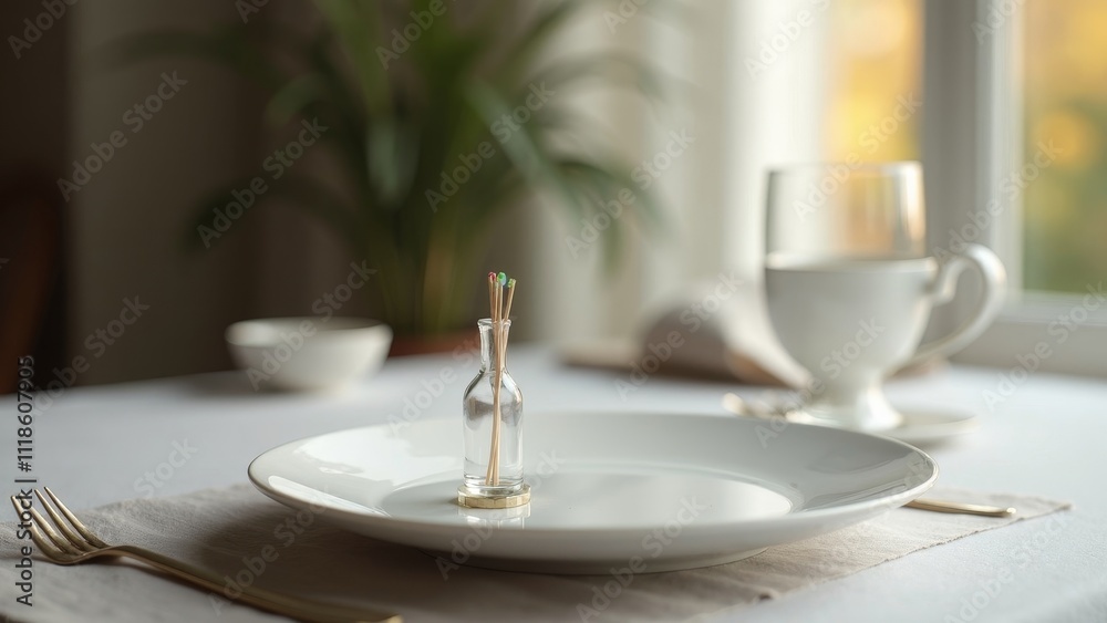Elegant minimalistic dining setup featuring a single toothpick in a glass holder on a white plate with copyspace Elegant minimalistic dining setup featuring a single toothpick in a glass holder on a white plate with copyspace