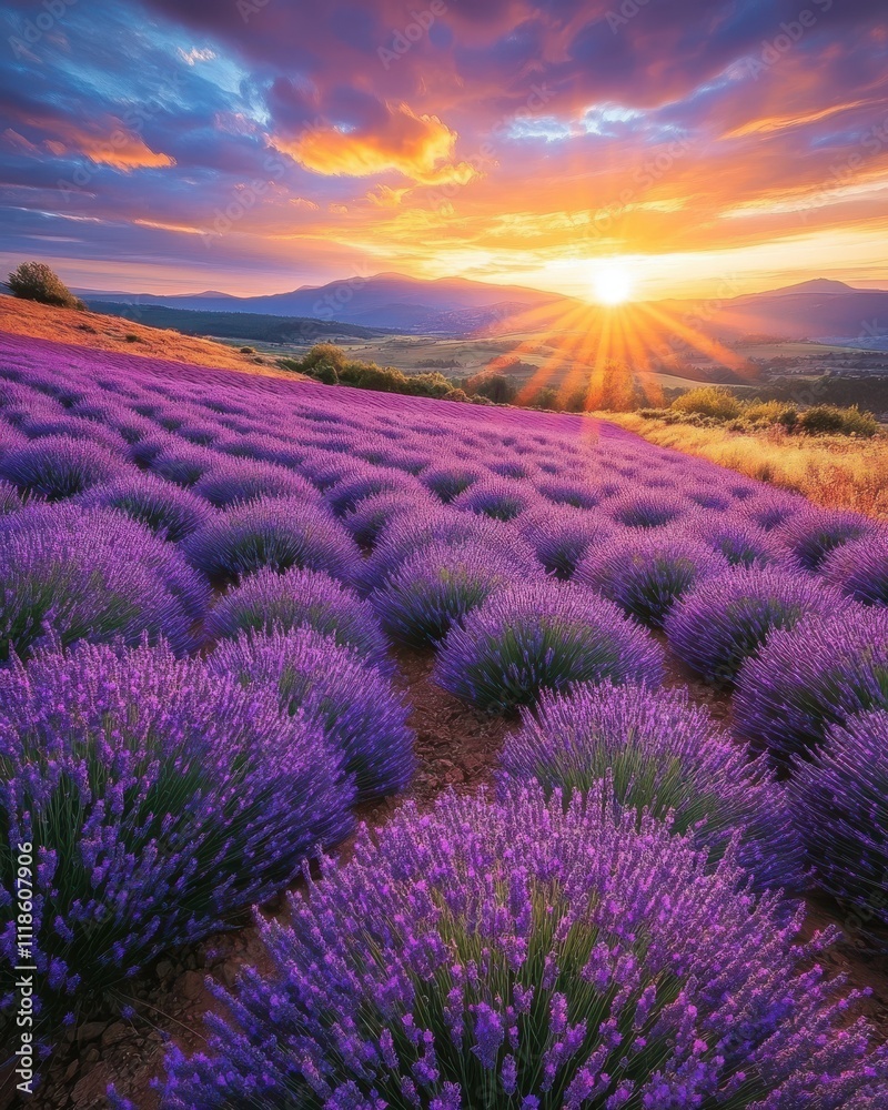 Breathtaking Lavender Field Under a Colorful Sunset with Vibrant Purple Blooms and Soft Hills in the Background, Capturing Nature's Tranquility and Beauty Breathtaking Lavender Field Under a Colorful Sunset with Vibrant Purple Blooms and Soft Hills in the Background, Capturing Nature's Tranquility and Beauty