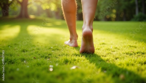 Peaceful Barefoot Walker Connecting with Earth Against Sunlit Garden Background