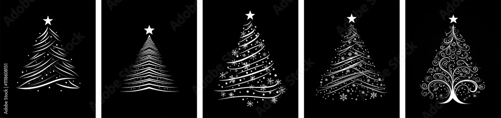 Set of White Christmas Trees on a Black Background