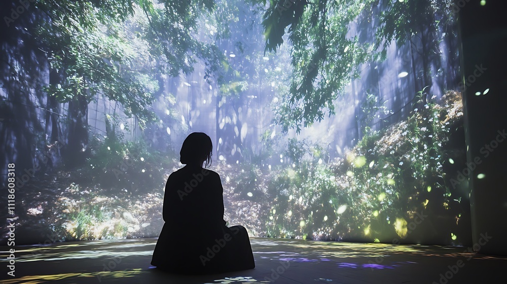 Woman Silhouetted Against Projected Forest Scene Woman Silhouetted Against Projected Forest Scene