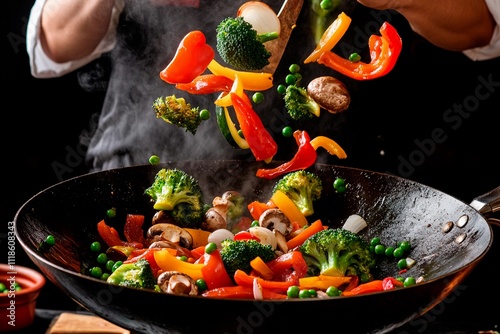 Colorful stir-frying vegetables create a culinary masterpiece in a lively kitchen. Generative AI