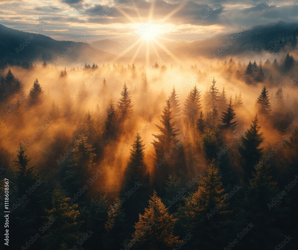 Breathtaking Sunrise Over Lush Evergreen Trees in Misty Forest with Golden Light Embracing Nature's Serenity and Beauty, Capturing the Essence of Dawn in the Wilderness Breathtaking Sunrise Over Lush Evergreen Trees in Misty Forest with Golden Light Embracing Nature's Serenity and Beauty, Capturing the Essence of Dawn in the Wilderness