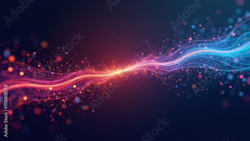 Colorful abstract visualization featuring a horizontal line and bursting pixels creating dynamic light waves